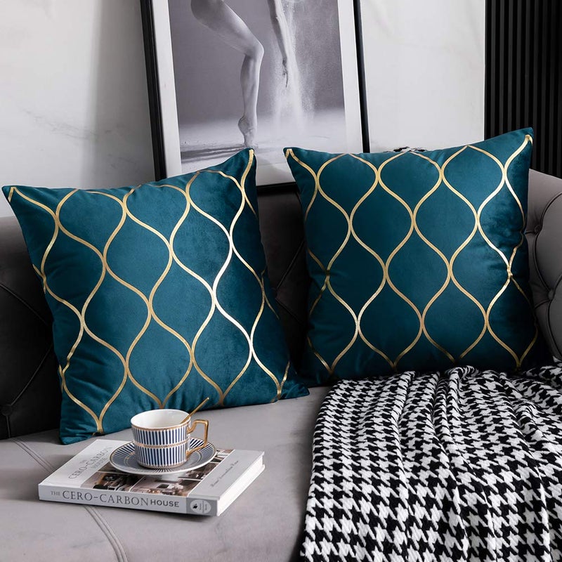 DEZENE 18x18 Inch Gold Velvet Throw Pillow Covers: 2 Pack Square Decorative Pillow Cases for Bedroom Sofa Couch Living Room, Teal Christmas - Image 3